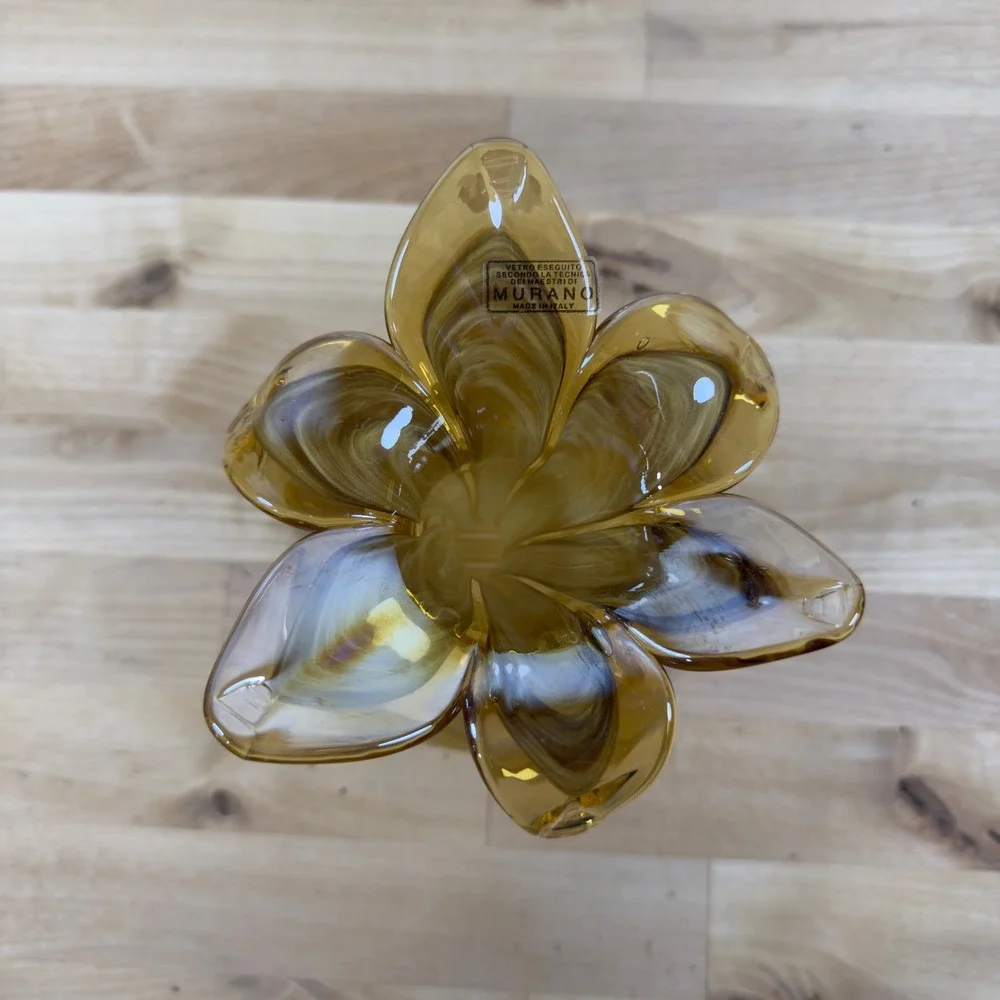 Murano Art Glass Lily Vase Amber Gold Swirl Spiral Base Made in Italy